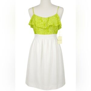 Shoshanna Silk Ruffle Dress Lime Green Floral Top White Skirt Size 6 NWT